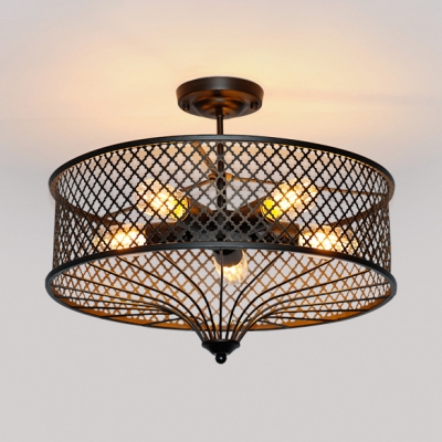 5 Lights Drum Hanging Light Vintage Metal Chandelier Lamp in Black for Dining Room