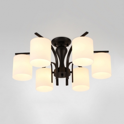 Simple Style Ceiling Light with Cylinder Shade 6 Lights Metal Frosted Glass Semi Flush Chandelier for Foyer Bedroom
