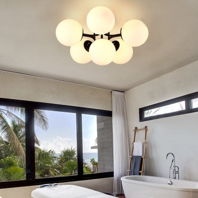 Frosted Glass Metal Semi Flush Ceiling Light White Globe Shade 3/6 Lights Contemporary Light Fixture for Dining Room
