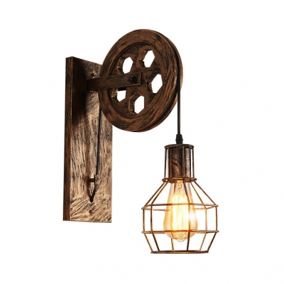 Antique Bronze Caged Wall Light with Wheel Single Light Industrial Metal Suspender Wall Light