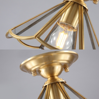 Brass Cone Flush Light 1 Light Vintage Style Clear Glass Ceiling Light for Bedroom