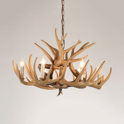 Candle Shape Chandelier with Deer Horn 4/6 Lights Antique Style Resin Pendant Light for Dining Room