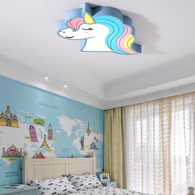 Child Bedroom Flush Mount Light White Lighting/Stepless Dimming Unicorn Shape Ceiling Light in Pink/Blue