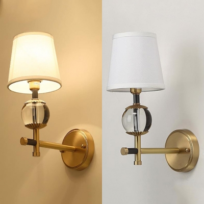 Classic White Tapered Shade Wall Light 1/2 Lights Fabric Metal Sconce Light in Brass for Study Room