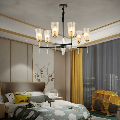 Clear Prismatic Glass Chandelier Bedroom Hotel 6/8 Lights Traditional Pendant Light in Black