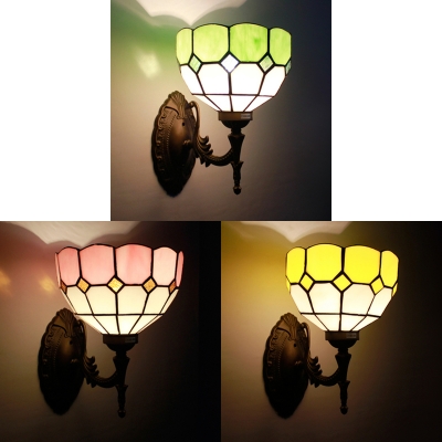 Green/Pink/Yellow Sconce Light 1 Light Tiffany Style Stained Glass Flower Shade Wall Lamp for Restaurant
