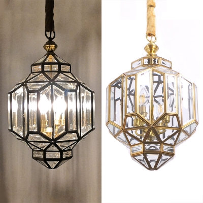 Living Room Candle Chandelier with Polyhedron Shade Metal and Clear Glass 4 Lights Traditional Style Hanging Light