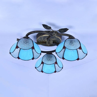 Living Room Domed Semi Flush Mount Light Clear/Blue Glass 3 Lights Antique Style Ceiling Fixture