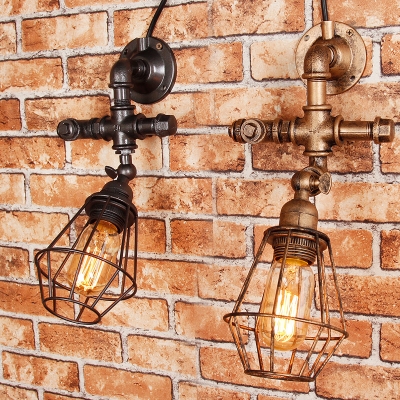 Metal Cage Wall Lighting Coffee Shop One Light Industrial Sconce Lighting Antique Gold/Antique Silver