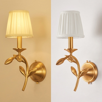 Metal Tapered Shade Wall Lamp with Leaf Bedroom 1/2 Lights Antique Style Wall Sconce in Brass