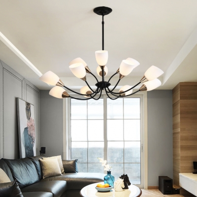 Modern Style Black Chandelier with Dome Shade 12 Lights Frosted Glass Hanging Light for Living Room