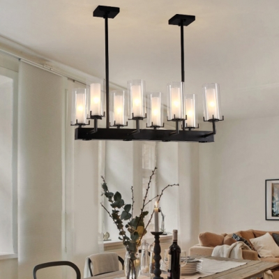 Modern Style Black Island Pendant with Cylinder Shade 8/12 Lights Metal Clear Glass Island Fixture for Bar