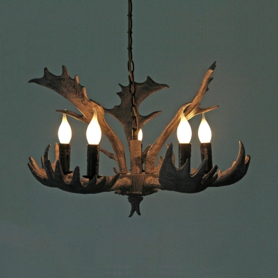 Resin Candle Chandelier with Deer Horn Decoration 3/5 Lights Vintage Style Pendant Lighting for Foyer