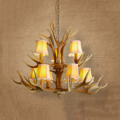 Resin Tapered Shade Chandelier with Antlers Decoration 6/8/9 Lights Antique Style Pendant Light