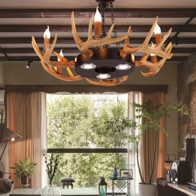 Round Living Room Hanging Light With Deer Horn Decoration Resin 6