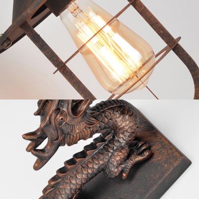 Rust Finish Lantern Wall Sconce with Dragon 1 Light Industrial Metal Wall Lighting for Hallway