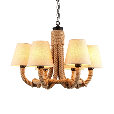 Rustic Style Tapered Shade Chandelier 6 Lights Rope and Fabric Hanging Lamp for Coffee Shop Restaurant