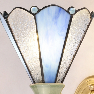 Tiffany Style Conical Sconce Light 2 Lights Glass Wall Light in Blue and White for Foyer
