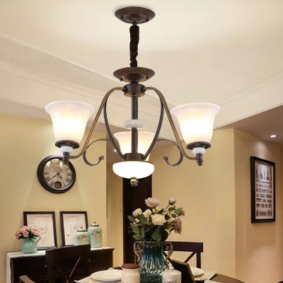 Traditional Bell Shape Hanging Light Glass Metal 3/6/8 Lights Matte Black Chandelier for Living Room