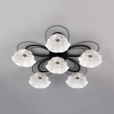White Flower Shade Semi Flush Mount Light 3/5/6 Lights Contemporary Metal Light Fixture for Bedroom Dining Room
