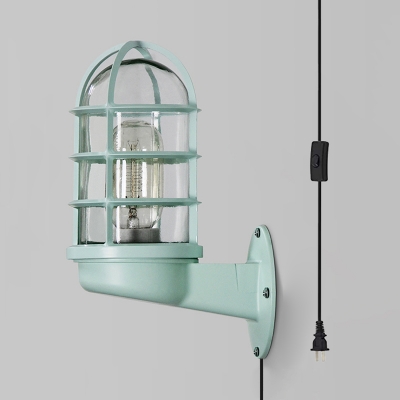 1 Light Plug In Sconce Lamp Caged Industrial Metal Glass Wall Light in Green for Bar Coffee Shop