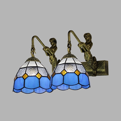2 Lights Bowl Wall Lamp with Mermaid Arm Antique Style Blue/Clear Glass Sconce Light for Hallway