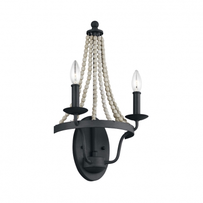 2 Lights Candle Shape Wall Sconce with Wooden Beads Metal Wall Light in Black for Living Room