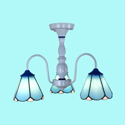 3 Lights Cone Semi Flush Light Traditional Blue/White Glass Ceiling Lamp for Bedroom