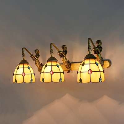 3 Lights Dome Wall Light with Mermaid Decoration Stained Glass Wall Lamp for Bedroom