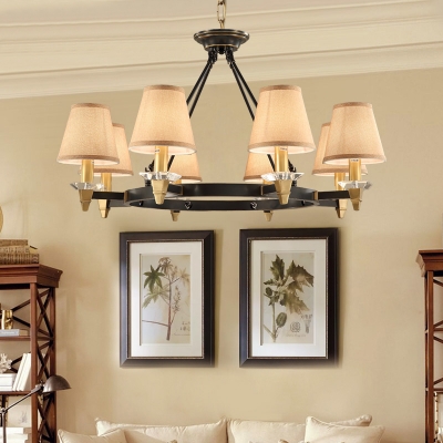 4/8 Lights Tapered Shade Chandelier Rustic Style Metal and Fabric Hanging Light for Living Room Foyer