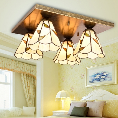 4 Lights Cone Ceiling Mount Light Rustic Glass Ceiling Lamp in Blue/Beige for Hotel