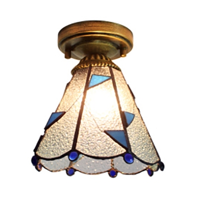 Blue/Clear Glass Cone Ceiling Lamp 1 Light Mediterranean Style Flush Light for Kitchen