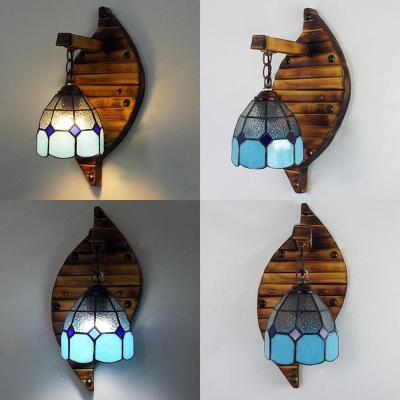 Blue Down Lighting Hanging Wall Light 1 Light Mediterranean Style Glass and Metal Wall Sconce for Bedroom