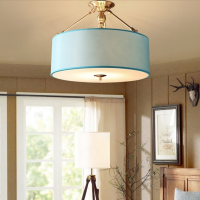 Blue Drum Ceiling Light 4 Lights American Rustic Fabric Semi Flush Mount Light for Living Room