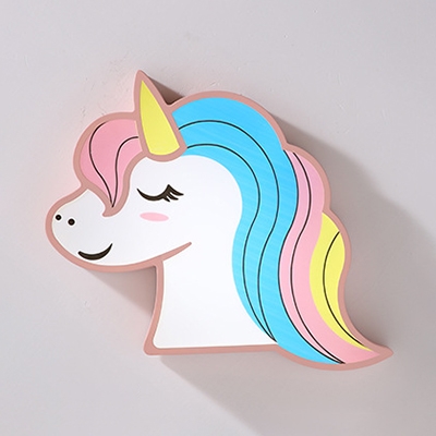 Child Bedroom Flush Mount Light White Lighting/Stepless Dimming Unicorn Shape Ceiling Light in Pink/Blue