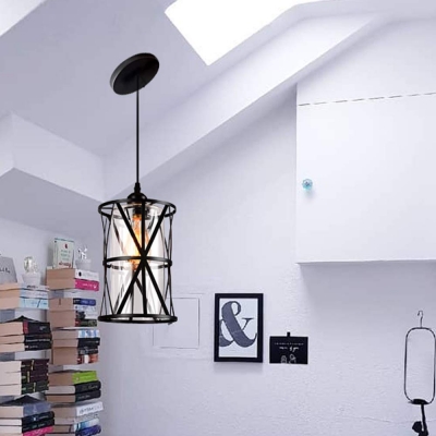 Clear Glass Cylinder Pendant Light with Black Metal Frame One Light Industrial Hanging Ceiling Light