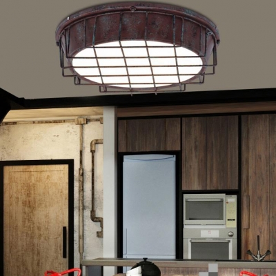 Drum Flush Mount with Metal Cage and Acrylic Shade 1 Light Industrial Ceiling Flush Light in Rust