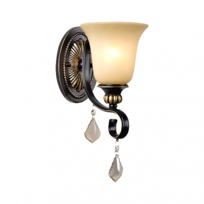 Elegant Bell Shade Wall Lamp Glass and Metal 1 Light Black Sconce Light for Bathroom Bedroom