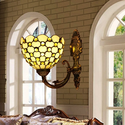 Flower Shade Dining Room Sconce Light with Glass Beads Decoration Tiffany Style Wall Sconce in White