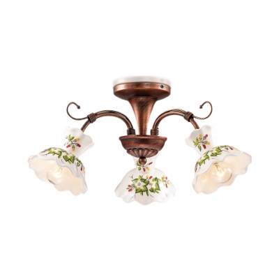 Frosted Glass Metal Semi Flush Mount Light 3/5 Lights Rustic Style Light Fixture with Flower Shade for Bedroom