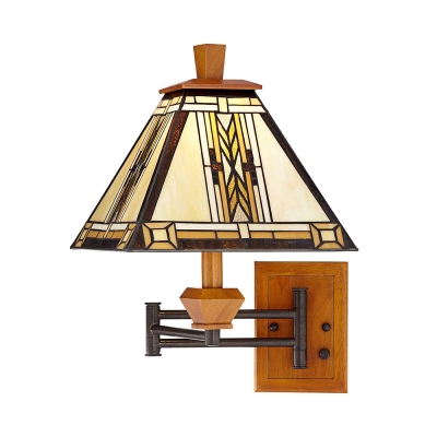 Colorful Shade Sconce Light 1 Light Tiffany Style Vintage Stained Glass Wood Swing Arm Wall Lamp for Bedroom