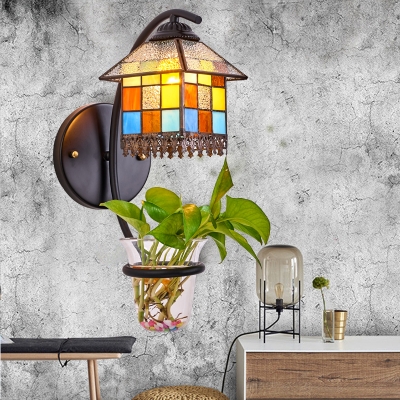 House Shape Sconce Light Tiffany Style Stained Glass Wall Lamp with Leaf Decoration for Balcony