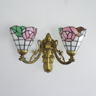 Living Room Cone Wall Sconce Stained Glass 2 Lights Tiffany Style Rustic Wall Lamp