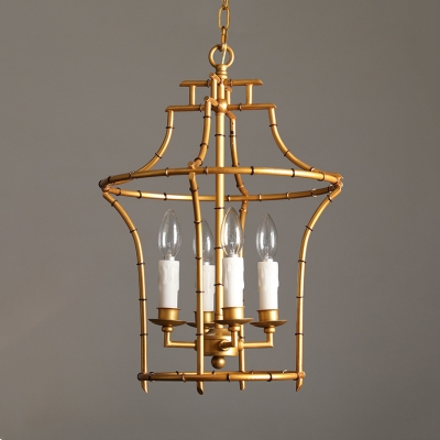 Metal Candle Chandelier with Wire Cage 4 Lights Rustic Style Ceiling Light in Gold for Balcony Hallway