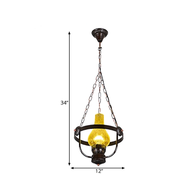 Metal Cracked Glass Kerosene Hanging Lamp 1 Light Antique Style Light Fixture in Black for Kitchen