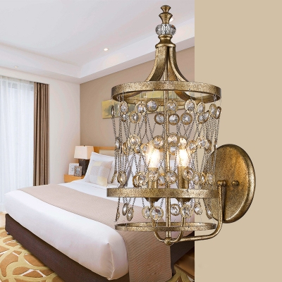 Metal Lantern Shape Sconce Light 2 Lights Vintage Style Wall Light in Gold for Bedroom Hotel