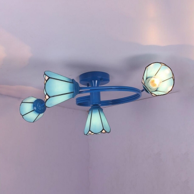 Rustic Style Cone Ceiling Light Glass 4 Lights White/Blue Semi Flush Mount Light for Bedroom