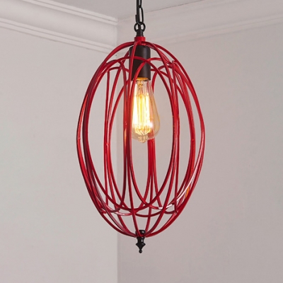 Single Light Oval Pendant Light with Colorful Metal Cage Height Adjustable Industrial Hanging Light