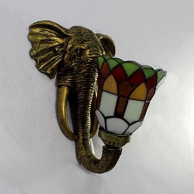 Stained Glass Bell Wall Light with Elephant Bedroom 1 Light Tiffany Style Rustic Sconce Light