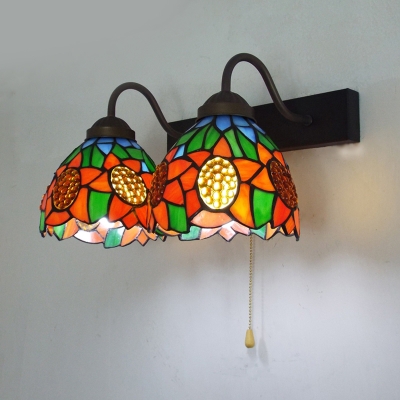 Stained Glass Flower Wall Light 2 Lights Rustic Style Sconce Light with Pull Chain for Bedroom